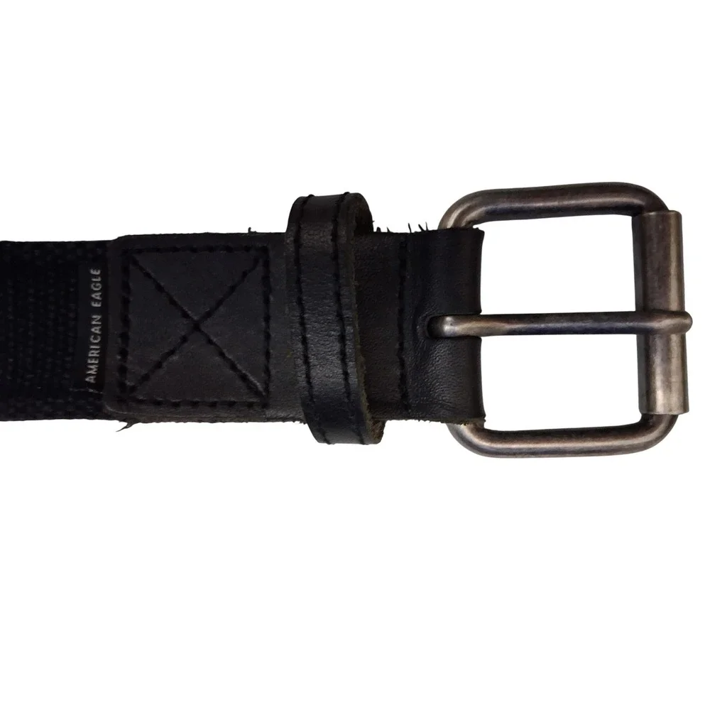 American Eagle Mens Black Canvas Web Belt Leather Trim Silver Buckle 442BBBL